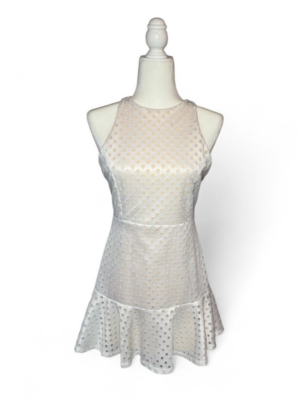 Etiquette ivory nude polka dot fit flare dress with ruffle hem and strappy back